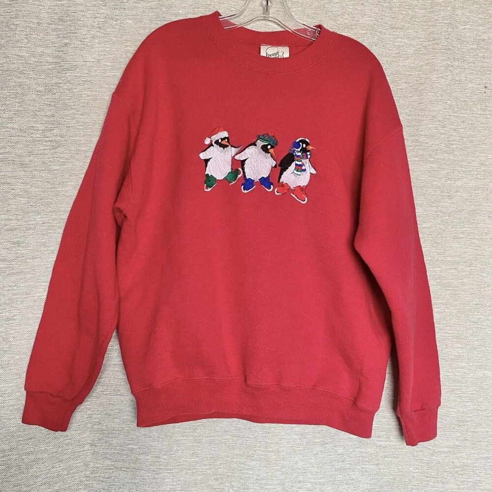Vintage Peanut Butter & Jelly Sweatshirt Large Skating Penguins Trio Holiday Red